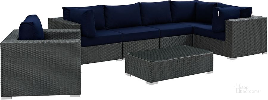 The appearance of Sojourn Canvas Navy 7 Piece Outdoor Patio Sunbrella Sectional Set EEI-1878-CHC-NAV-SET designed by Modway in the modern / contemporary interior design. This canvas navy piece of furniture  was selected by 1StopBedrooms from Sojourn Collection to add a touch of cosiness and style into your home. Sku: EEI-1878-CHC-NAV-SET. Material: Rattan. Product Type: Outdoor Sectional. Image1