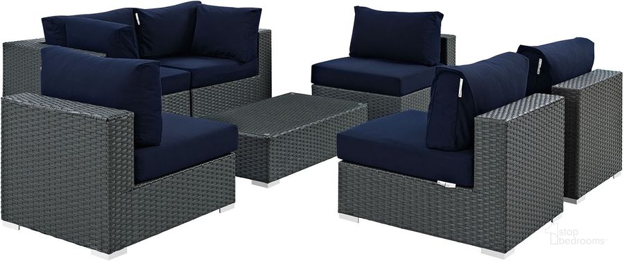 The appearance of Sojourn Canvas Navy 7 Piece Outdoor Patio Sunbrella Sectional Set EEI-1883-CHC-NAV-SET designed by Modway in the modern / contemporary interior design. This canvas navy piece of furniture  was selected by 1StopBedrooms from Sojourn Collection to add a touch of cosiness and style into your home. Sku: EEI-1883-CHC-NAV-SET. Material: Rattan. Product Type: Outdoor Sectional. Image1