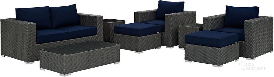 The appearance of Sojourn Canvas Navy 8 Piece Outdoor Patio Sunbrella Sectional Set designed by Modway in the modern / contemporary interior design. This canvas navy piece of furniture  was selected by 1StopBedrooms from Sojourn Collection to add a touch of cosiness and style into your home. Sku: EEI-1880-CHC-NAV-SET. Material: Rattan. Product Type: Outdoor Sectional. Image1