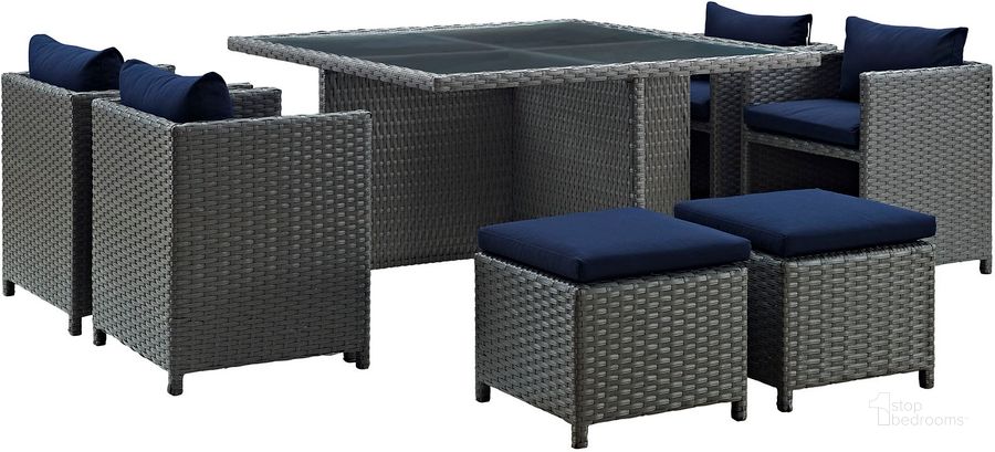 The appearance of Sojourn Canvas Navy 9 Piece Outdoor Patio Sunbrella Dining Set EEI-1946-CHC-NAV-SET designed by Modway in the modern / contemporary interior design. This canvas navy piece of furniture  was selected by 1StopBedrooms from Sojourn Collection to add a touch of cosiness and style into your home. Sku: EEI-1946-CHC-NAV-SET. Table Base Style: Pedestal. Table Top Shape: Square. Material: Rattan. Product Type: Outdoor Dining Set. Image1