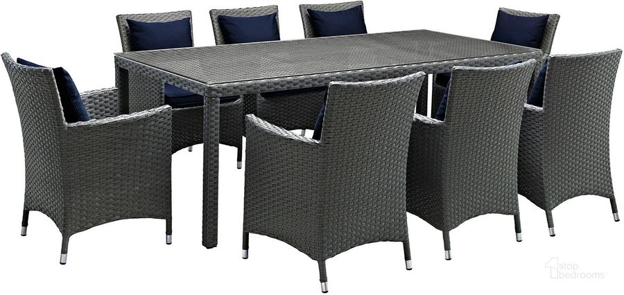 The appearance of Sojourn Canvas Navy 9 Piece Outdoor Patio Sunbrella Dining Set EEI-2309-CHC-NAV-SET designed by Modway in the modern / contemporary interior design. This canvas navy piece of furniture  was selected by 1StopBedrooms from Sojourn Collection to add a touch of cosiness and style into your home. Sku: EEI-2309-CHC-NAV-SET. Table Base Style: Legs. Material: Aluminum. Table Top Shape: Rectangular. Product Type: Outdoor Dining Set. Image1
