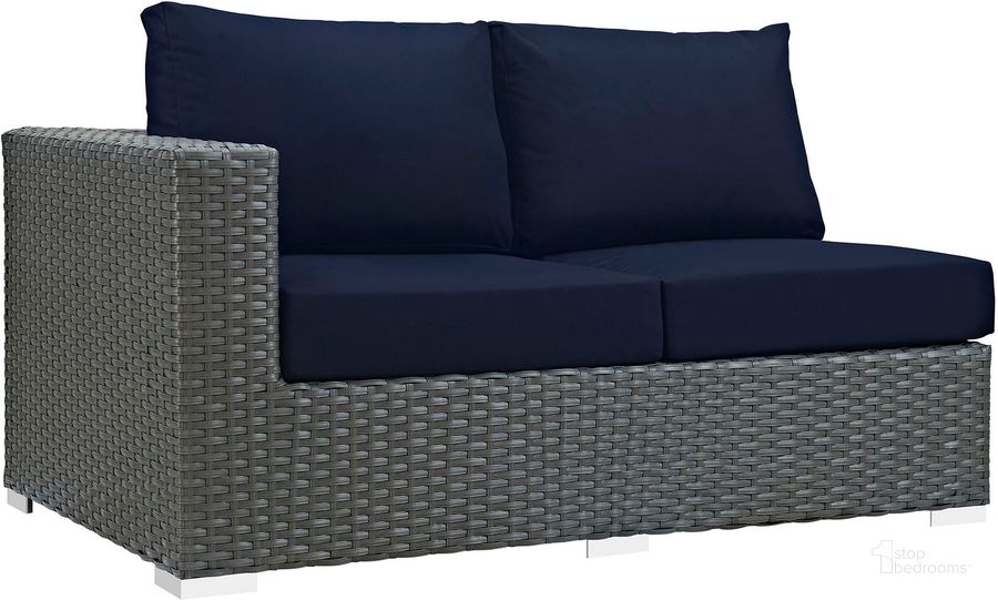 The appearance of Sojourn Canvas Navy Outdoor Patio Sunbrella Left Arm Loveseat designed by Modway in the modern / contemporary interior design. This canvas navy piece of furniture  was selected by 1StopBedrooms from Sojourn Collection to add a touch of cosiness and style into your home. Sku: EEI-1858-CHC-NAV. Material: Steel. Product Type: Outdoor Sofa & Loveseat. Image1