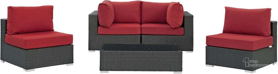 The appearance of Sojourn Canvas Red 5 Piece Outdoor Patio Sunbrella Sectional Set EEI-1882-CHC-RED-SET designed by Modway in the modern / contemporary interior design. This canvas red piece of furniture  was selected by 1StopBedrooms from Sojourn Collection to add a touch of cosiness and style into your home. Sku: EEI-1882-CHC-RED-SET. Material: Rattan. Product Type: Outdoor Sectional. Image1