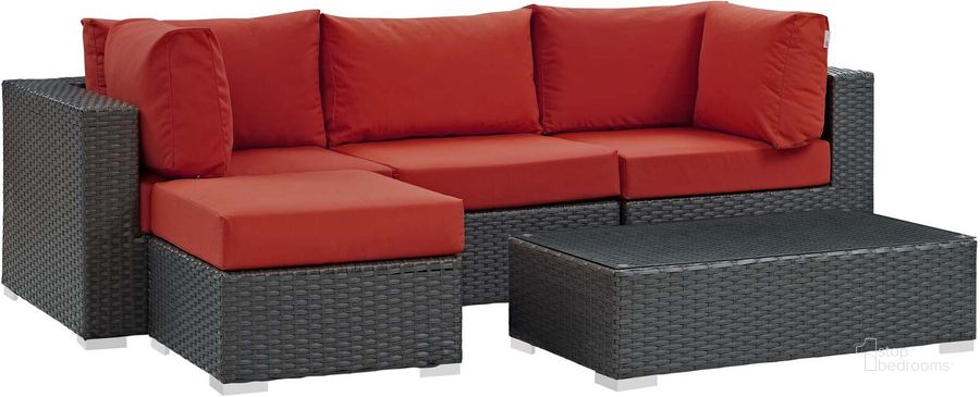 The appearance of Sojourn Canvas Red 5 Piece Outdoor Patio Sunbrella Sectional Set EEI-1890-CHC-RED-SET designed by Modway in the modern / contemporary interior design. This canvas red piece of furniture  was selected by 1StopBedrooms from Sojourn Collection to add a touch of cosiness and style into your home. Sku: EEI-1890-CHC-RED-SET. Material: Rattan. Product Type: Outdoor Sectional. Image1