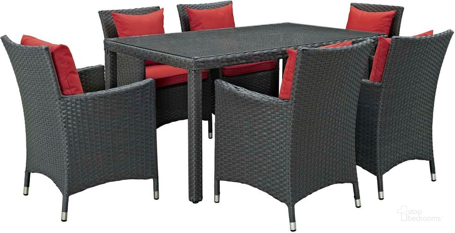 The appearance of Sojourn Canvas Red 7 Piece Outdoor Patio Sunbrella Dining Set designed by Modway in the modern / contemporary interior design. This canvas red piece of furniture  was selected by 1StopBedrooms from Sojourn Collection to add a touch of cosiness and style into your home. Sku: EEI-2312-CHC-RED-SET. Table Base Style: Legs. Material: Aluminum. Table Top Shape: Rectangular. Product Type: Outdoor Dining Set. Image1