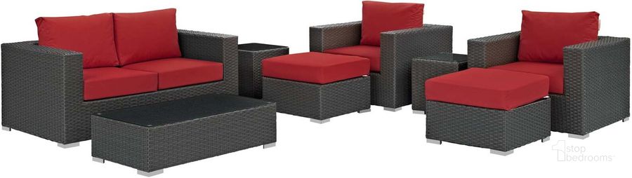 The appearance of Sojourn Canvas Red 8 Piece Outdoor Patio Sunbrella Sectional Set designed by Modway in the modern / contemporary interior design. This canvas red piece of furniture  was selected by 1StopBedrooms from Sojourn Collection to add a touch of cosiness and style into your home. Sku: EEI-1880-CHC-RED-SET. Material: Rattan. Product Type: Outdoor Sectional. Image1