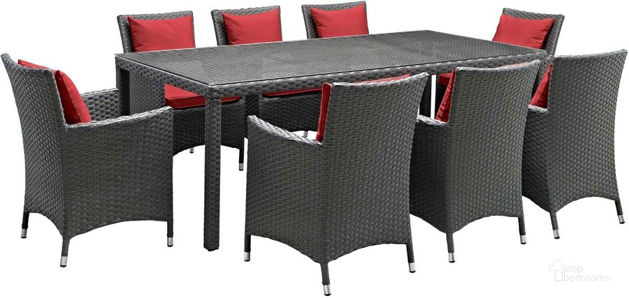 The appearance of Sojourn Canvas Red 9 Piece Outdoor Patio Sunbrella Dining Set designed by Modway in the modern / contemporary interior design. This canvas red piece of furniture  was selected by 1StopBedrooms from Sojourn Collection to add a touch of cosiness and style into your home. Sku: EEI-2309-CHC-RED-SET. Table Base Style: Legs. Material: Aluminum. Product Type: Outdoor Dining Set. Image1