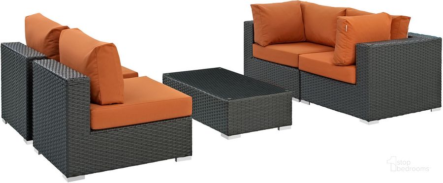 The appearance of Sojourn Canvas Tuscan 5 Piece Outdoor Patio Sunbrella Sectional Set EEI-1882-CHC-TUS-SET designed by Modway in the modern / contemporary interior design. This canvas tuscan piece of furniture  was selected by 1StopBedrooms from Sojourn Collection to add a touch of cosiness and style into your home. Sku: EEI-1882-CHC-TUS-SET. Material: Rattan. Product Type: Outdoor Sectional. Image1