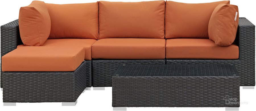 The appearance of Sojourn Canvas Tuscan 5 Piece Outdoor Patio Sunbrella Sectional Set EEI-1890-CHC-TUS-SET designed by Modway in the modern / contemporary interior design. This canvas tuscan piece of furniture  was selected by 1StopBedrooms from Sojourn Collection to add a touch of cosiness and style into your home. Sku: EEI-1890-CHC-TUS-SET. Material: Rattan. Product Type: Outdoor Sectional. Image1
