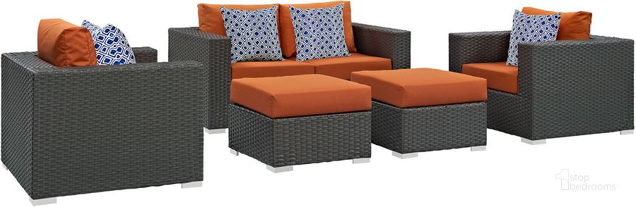 The appearance of Sojourn Canvas Tuscan 5 Piece Outdoor Patio Sunbrella Sectional Set EEI-2375-CHC-TUS-SET designed by Modway in the modern / contemporary interior design. This canvas tuscan piece of furniture  was selected by 1StopBedrooms from Sojourn Collection to add a touch of cosiness and style into your home. Sku: EEI-2375-CHC-TUS-SET. Material: Rattan. Product Type: Outdoor Sectional. Image1