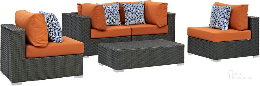 The appearance of Sojourn Canvas Tuscan 5 Piece Outdoor Patio Sunbrella Sectional Set EEI-2378-CHC-TUS-SET designed by Modway in the modern / contemporary interior design. This canvas tuscan piece of furniture  was selected by 1StopBedrooms from Sojourn Collection to add a touch of cosiness and style into your home. Sku: EEI-2378-CHC-TUS-SET. Material: Rattan. Product Type: Outdoor Sectional. Image1