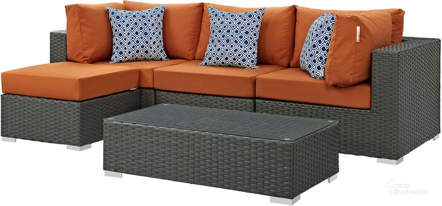 The appearance of Sojourn Canvas Tuscan 5 Piece Outdoor Patio Sunbrella Sectional Set EEI-2385-CHC-TUS-SET designed by Modway in the modern / contemporary interior design. This canvas tuscan piece of furniture  was selected by 1StopBedrooms from Sojourn Collection to add a touch of cosiness and style into your home. Sku: EEI-2385-CHC-TUS-SET. Material: Rattan. Product Type: Outdoor Sectional. Image1