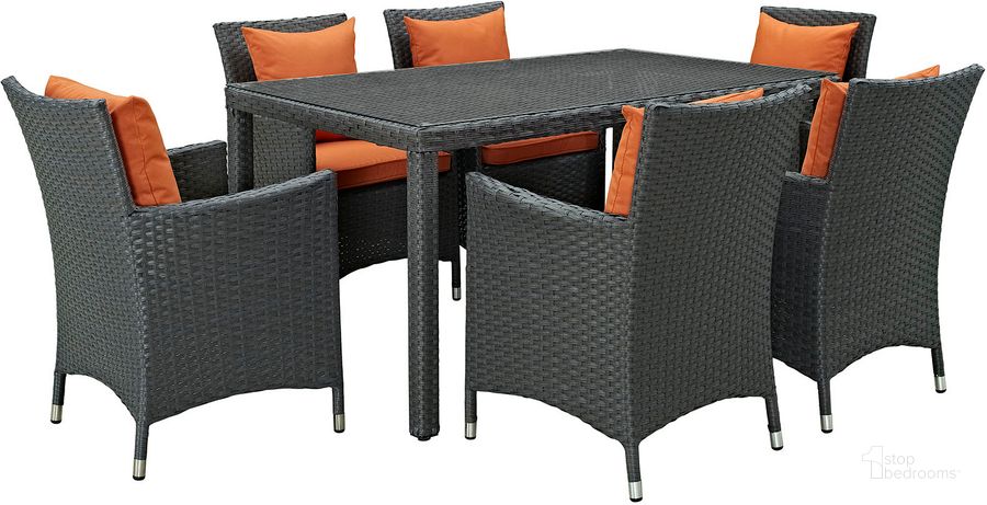The appearance of Sojourn Canvas Tuscan 7 Piece Outdoor Patio Sunbrella Dining Set designed by Modway in the modern / contemporary interior design. This canvas tuscan piece of furniture  was selected by 1StopBedrooms from Sojourn Collection to add a touch of cosiness and style into your home. Sku: EEI-2312-CHC-TUS-SET. Table Base Style: Legs. Material: Aluminum. Table Top Shape: Rectangular. Product Type: Outdoor Dining Set. Image1