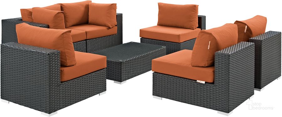 The appearance of Sojourn Canvas Tuscan 7 Piece Outdoor Patio Sunbrella Sectional Set EEI-1883-CHC-TUS-SET designed by Modway in the modern / contemporary interior design. This canvas tuscan piece of furniture  was selected by 1StopBedrooms from Sojourn Collection to add a touch of cosiness and style into your home. Sku: EEI-1883-CHC-TUS-SET. Material: Rattan. Product Type: Outdoor Sectional. Image1