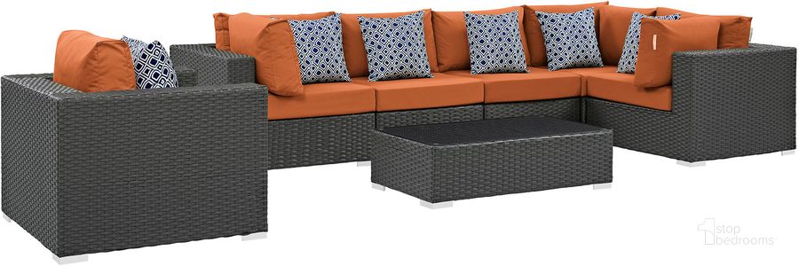 The appearance of Sojourn Canvas Tuscan 7 Piece Outdoor Patio Sunbrella Sectional Set EEI-2374-CHC-TUS-SET designed by Modway in the modern / contemporary interior design. This canvas tuscan piece of furniture  was selected by 1StopBedrooms from Sojourn Collection to add a touch of cosiness and style into your home. Sku: EEI-2374-CHC-TUS-SET. Material: Rattan. Product Type: Outdoor Sectional. Image1