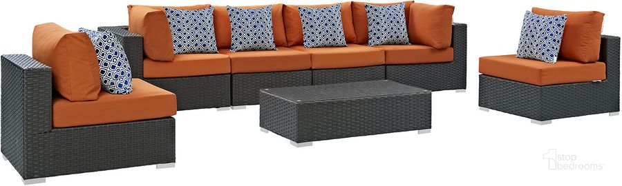 The appearance of Sojourn Canvas Tuscan 7 Piece Outdoor Patio Sunbrella Sectional Set EEI-2379-CHC-TUS-SET designed by Modway in the modern / contemporary interior design. This canvas tuscan piece of furniture  was selected by 1StopBedrooms from Sojourn Collection to add a touch of cosiness and style into your home. Sku: EEI-2379-CHC-TUS-SET. Material: Rattan. Product Type: Outdoor Sectional. Image1