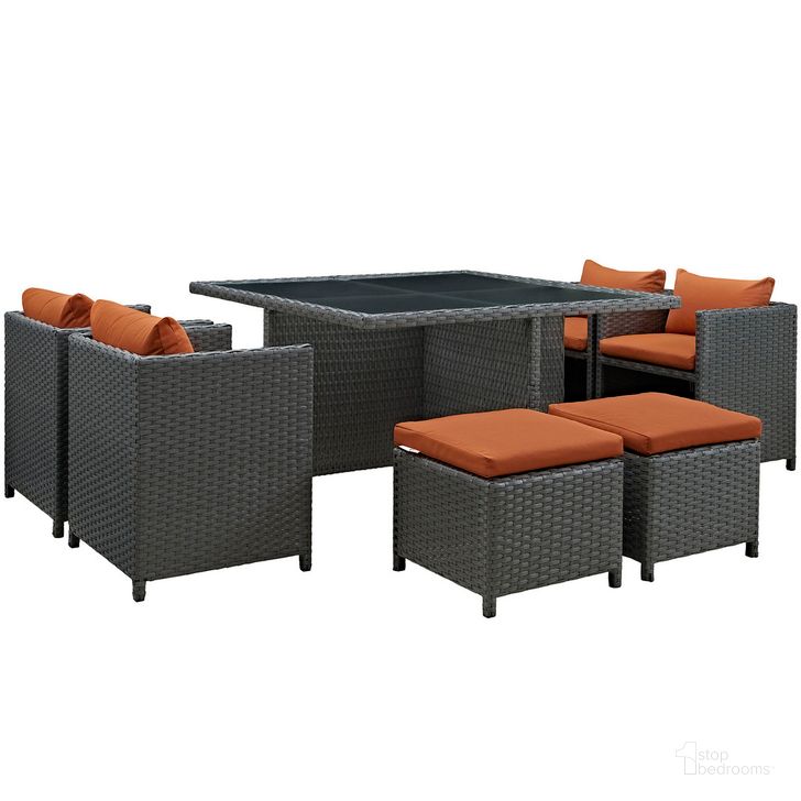 The appearance of Sojourn 9-Piece Outdoor Patio Sunbrella Dining Set In Canvas Tuscan designed by Modway in the modern / contemporary interior design. This canvas tuscan piece of furniture  was selected by 1StopBedrooms from Sojourn Collection to add a touch of cosiness and style into your home. Sku: EEI-1946-CHC-TUS-SET. Material: Rattan. Product Type: Outdoor Dining Set. Image1
