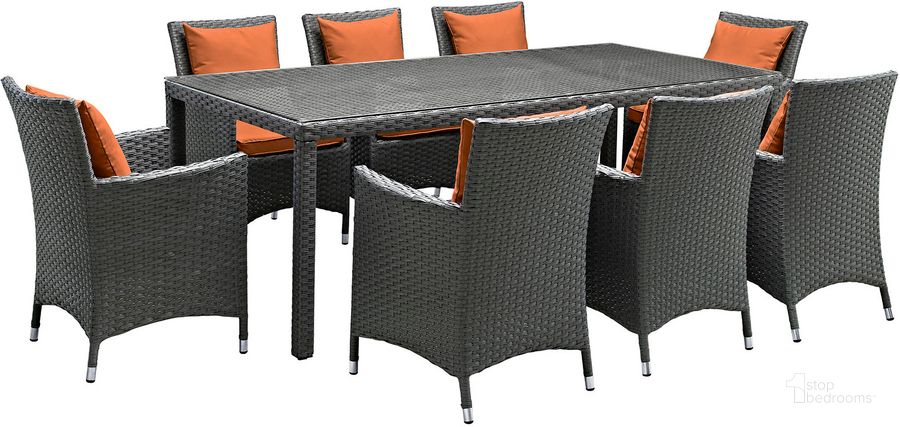 The appearance of Sojourn Canvas Tuscan 9 Piece Outdoor Patio Sunbrella Dining Set designed by Modway in the modern / contemporary interior design. This canvas tuscan piece of furniture  was selected by 1StopBedrooms from Sojourn Collection to add a touch of cosiness and style into your home. Sku: EEI-2309-CHC-TUS-SET. Table Base Style: Legs. Material: Aluminum. Table Top Shape: Rectangular. Product Type: Outdoor Dining Set. Image1