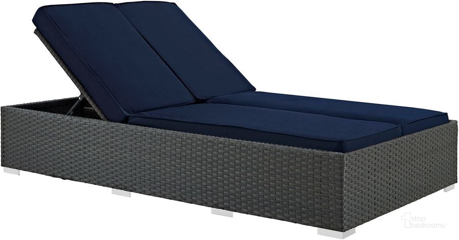 The appearance of Sojourn Chocolate Navy Outdoor Patio Sunbrella Double Chaise designed by Modway in the modern / contemporary interior design. This chocolate navy piece of furniture  was selected by 1StopBedrooms from Sojourn Collection to add a touch of cosiness and style into your home. Sku: EEI-1983-CHC-NAV. Material: Aluminum. Product Type: Outdoor Chaise Lounge. Image1