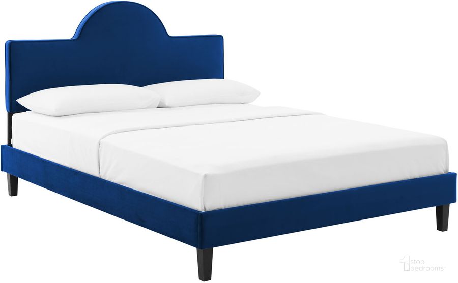 The appearance of Soleil Performance Velvet Full Bed In Navy designed by Modway in the modern / contemporary interior design. This navy piece of furniture  was selected by 1StopBedrooms from Soleil Collection to add a touch of cosiness and style into your home. Sku: MOD-7034-NAV. Bed Type: Platform Bed. Product Type: Platform Bed. Bed Size: Full. Material: MDF. Image1