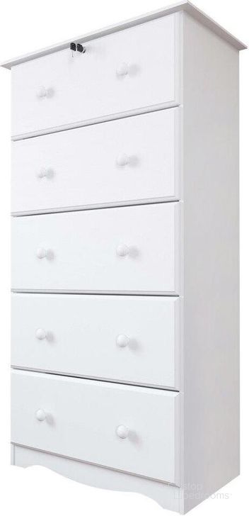 The appearance of Solid Wood 5-Jumbo Drawer Chest With Lock In White designed by Palace Imports in the transitional interior design. This white piece of furniture  was selected by 1StopBedrooms from  to add a touch of cosiness and style into your home. Sku: 5351. Material: Wood. Product Type: Chest. Image1