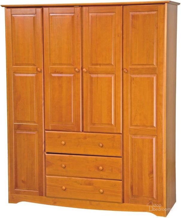 The appearance of Solid Wood Family Wardrobe In Honey Pine designed by Palace Imports in the transitional interior design. This honey pine piece of furniture  was selected by 1StopBedrooms from  to add a touch of cosiness and style into your home. Sku: 5964. Material: Wood. Product Type: Wardrobe. Image1