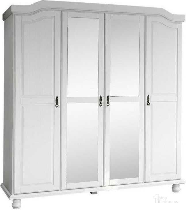 The appearance of Solid Wood Kyle 4-Door Wardrobe With Mirrored Doors In White designed by Palace Imports in the traditional interior design. This white piece of furniture  was selected by 1StopBedrooms from Kyle Collection to add a touch of cosiness and style into your home. Sku: 8201M. Material: Wood. Product Type: Wardrobe. Image1