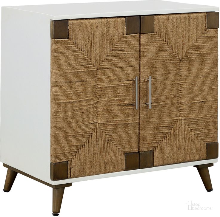 The appearance of Solid Wood White Two Door Cabinet With Handwoven Jute Details designed by Coast to Coast in the coastal interior design. This white piece of furniture  was selected by 1StopBedrooms from Amirah Collection to add a touch of cosiness and style into your home. Sku: 92511. Material: Wood. Product Type: Cabinet. Image1