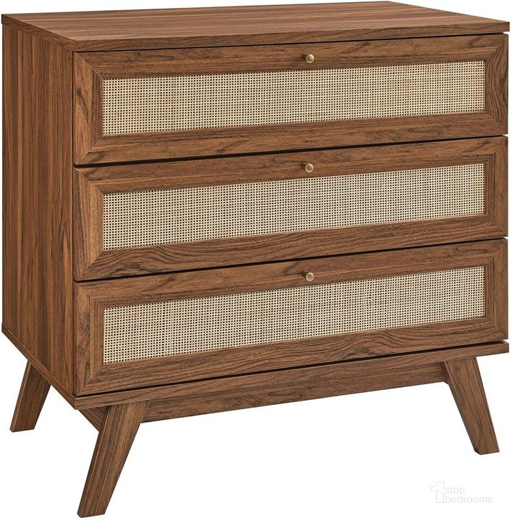 The appearance of Soma 3-Drawer Dresser In Walnut designed by Modway in the modern / contemporary interior design. This walnut piece of furniture  was selected by 1StopBedrooms from Soma Collection to add a touch of cosiness and style into your home. Sku: MOD-7051-WAL. Product Type: Dresser. Material: MDF. Image1