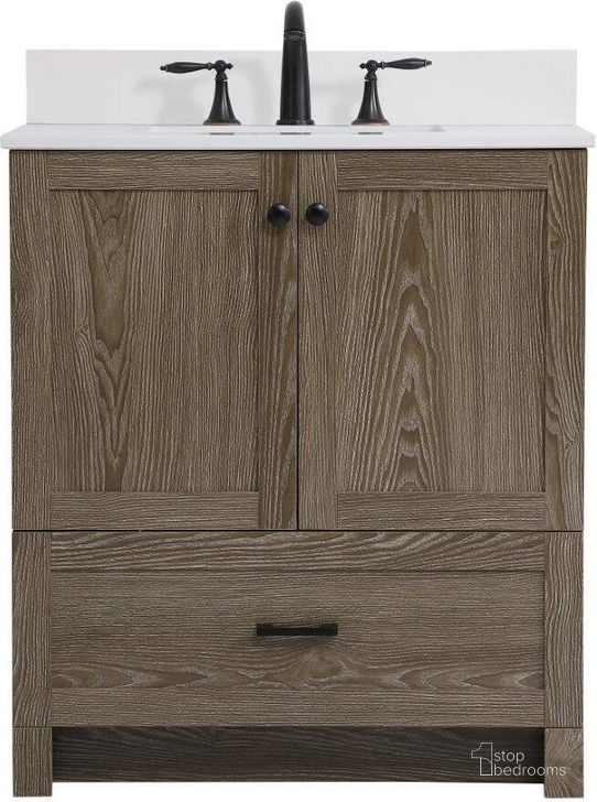 The appearance of Soma 30 Inch Single Bathroom Vanity In Weathered Oak With Backsplash designed by Elegant Lighting in the traditional interior design. This weathered oak piece of furniture  was selected by 1StopBedrooms from Soma Collection to add a touch of cosiness and style into your home. Sku: VF2830WO-BS. Material: MDF. Product Type: Bathroom Vanity. Image1