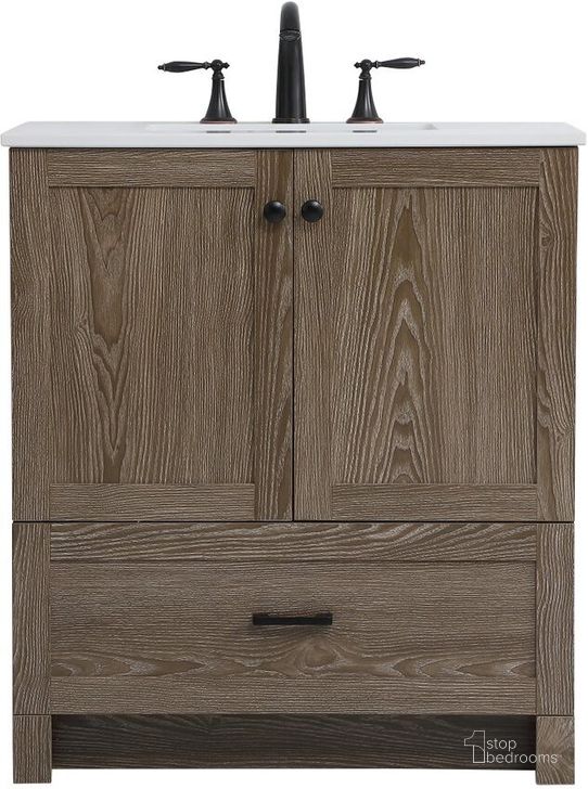 The appearance of Soma 30 Inch Single Bathroom Vanity In Weathered Oak designed by Elegant Lighting in the country / farmhouse interior design. This weathered oak piece of furniture  was selected by 1StopBedrooms from Soma Collection to add a touch of cosiness and style into your home. Sku: VF2830WO. Material: MDF. Product Type: Bathroom Vanity. Image1