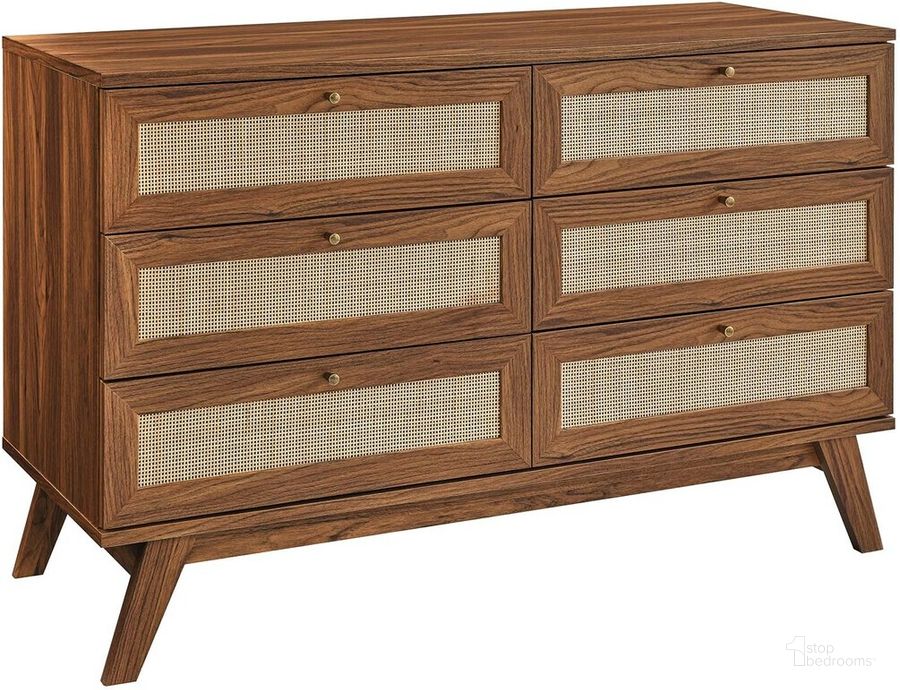 The appearance of Soma 6-Drawer Dresser In Walnut designed by Modway in the modern / contemporary interior design. This walnut piece of furniture  was selected by 1StopBedrooms from Soma Collection to add a touch of cosiness and style into your home. Sku: MOD-7053-WAL. Product Type: Dresser. Material: MDF. Image1