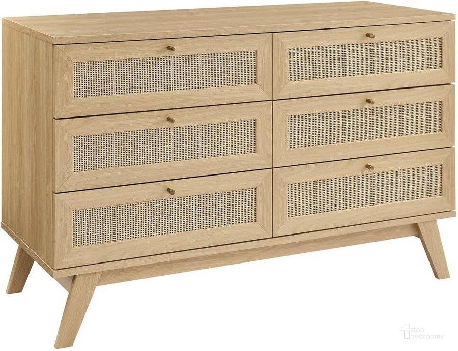 The appearance of Soma 6 Drawer Dresser In Oak designed by Modway in the modern / contemporary interior design. This oak piece of furniture  was selected by 1StopBedrooms from Soma Collection to add a touch of cosiness and style into your home. Sku: MOD-7053-OAK. Product Type: Dresser. Material: MDF. Image1