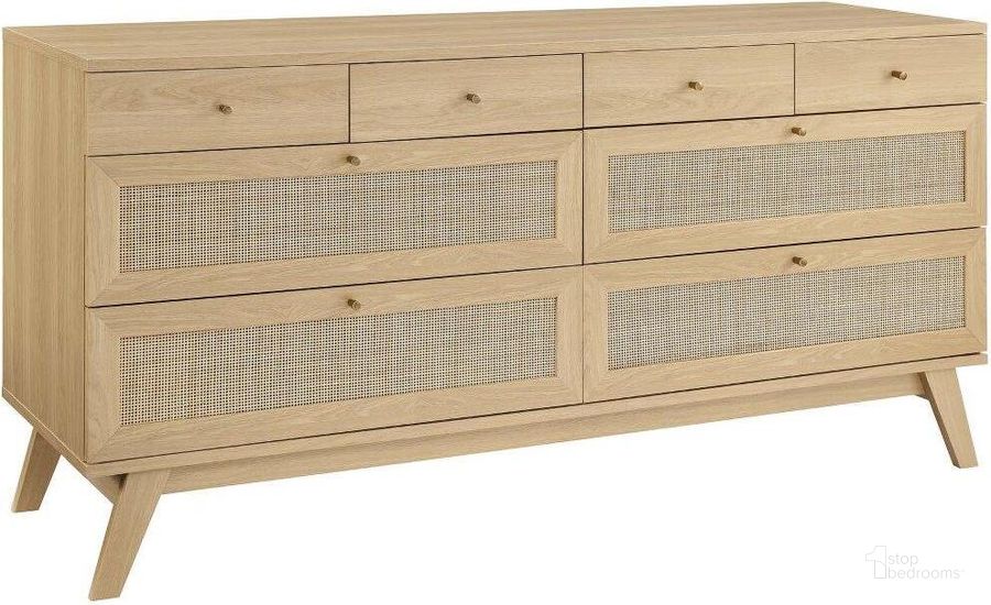 The appearance of Soma 8 Drawer Dresser In Oak designed by Modway in the modern / contemporary interior design. This oak piece of furniture  was selected by 1StopBedrooms from Soma Collection to add a touch of cosiness and style into your home. Sku: MOD-7054-OAK. Product Type: Dresser. Material: MDF. Image1