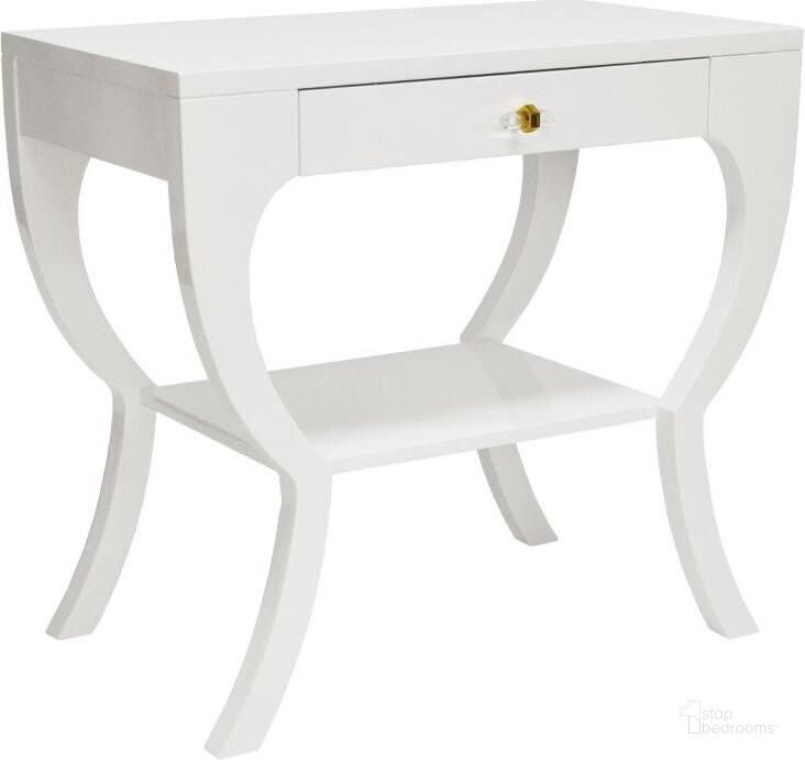 The appearance of Sonya White Lacquer Curvy Side Table designed by Worlds Away in the modern / contemporary interior design. This white piece of furniture  was selected by 1StopBedrooms from Sonya Collection to add a touch of cosiness and style into your home. Sku: SONYA WH. Product Type: Side Table. Material: MDF.