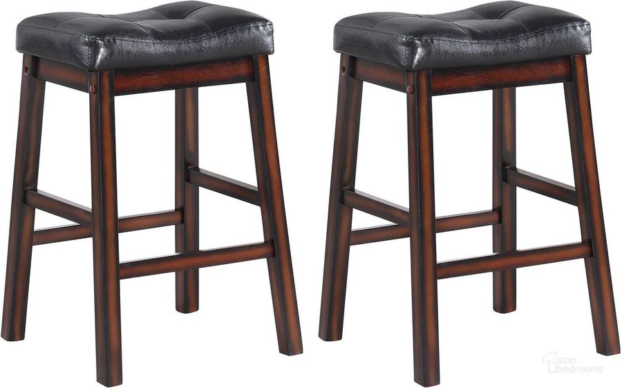 The appearance of Sophia 24" Upholstered Bar Stool Set of 2 designed by Coaster in the transitional interior design. This black piece of furniture  was selected by 1StopBedrooms from Cappuccino Collection to add a touch of cosiness and style into your home. Sku: 120519. Product Type: Barstool. Material: Vinyl. Image1