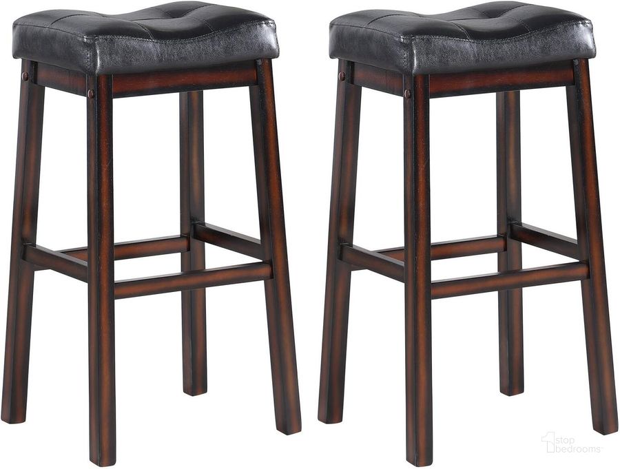 The appearance of Sophia 29" Bar Stool With Plush Upholstered Seat Set of 2 designed by Coaster in the transitional interior design. This black piece of furniture  was selected by 1StopBedrooms from Cappuccino Collection to add a touch of cosiness and style into your home. Sku: 120520. Product Type: Barstool. Material: Vinyl. Image1