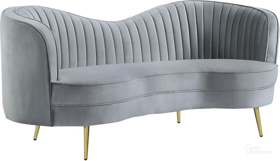 The appearance of Sophia Upholstered Loveseat With Camel Back Grey and Gold designed by Coaster in the modern / contemporary interior design. This grey piece of furniture  was selected by 1StopBedrooms from Sophia Collection to add a touch of cosiness and style into your home. Sku: 506865. Product Type: Loveseat. Material: Stainless Steel. Image1