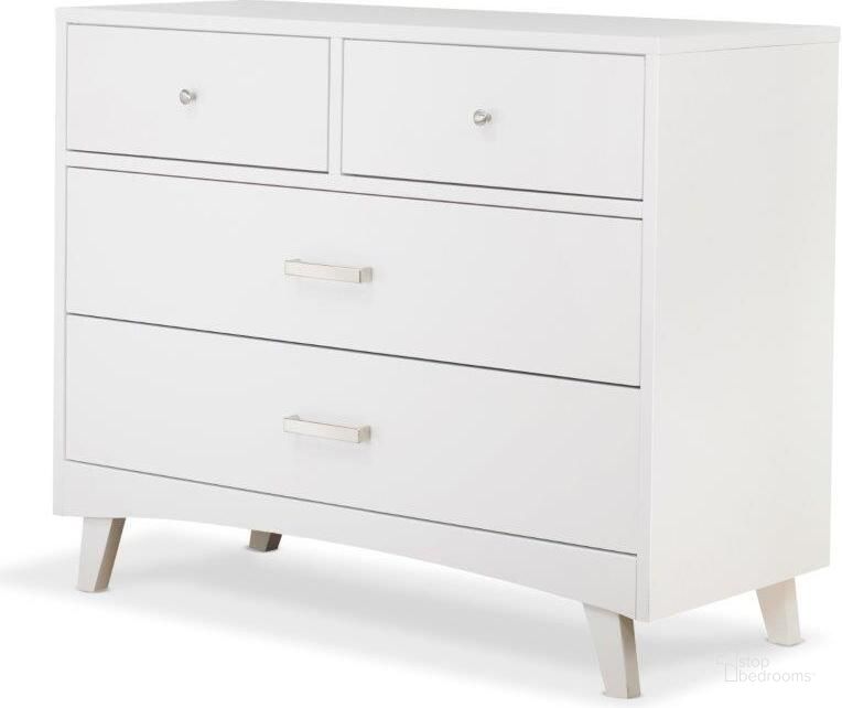 The appearance of Sorelle Soho 4 Drawer Dresser In White designed by Sorelle Furniture in the modern / contemporary interior design. This white piece of furniture  was selected by 1StopBedrooms from Soho Collection to add a touch of cosiness and style into your home. Sku: 7915-W. Product Type: Kids Dresser. Image1