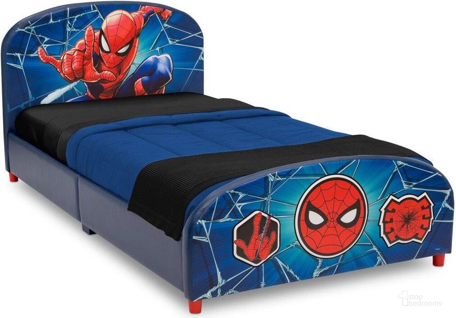 The appearance of Spider Man Upholstered Twin Bed designed by Delta Children in the modern / contemporary interior design. This blue piece of furniture  was selected by 1StopBedrooms from  to add a touch of cosiness and style into your home. Sku: BB81416SM-1163. Material: Wood. Bed Size: Twin. Product Type: Kids Bed. Image1