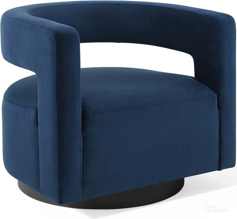 The appearance of Spin Cutaway Performance Velvet Swivel Armchair EEI-3947-MID designed by Modway in the modern / contemporary interior design. This midnight blue piece of furniture  was selected by 1StopBedrooms from Spin Collection to add a touch of cosiness and style into your home. Sku: EEI-3947-MID. Material: Polyester. Product Type: Arm Chair. Image1
