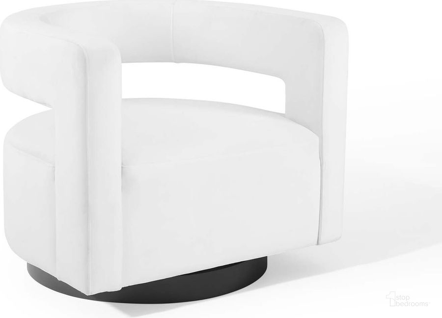 The appearance of Spin Cutaway Performance Velvet Swivel Armchair EEI-3947-WHI designed by Modway in the modern / contemporary interior design. This white piece of furniture  was selected by 1StopBedrooms from Spin Collection to add a touch of cosiness and style into your home. Sku: EEI-3947-WHI. Material: Polyester. Product Type: Arm Chair. Image1