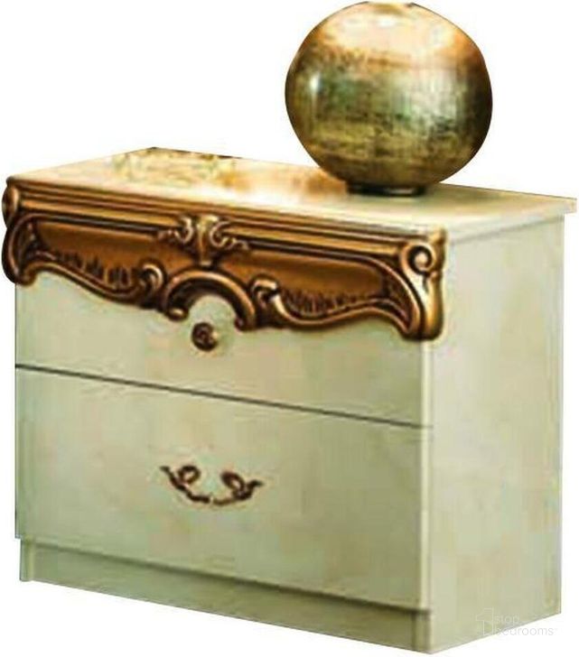 The appearance of Spring Valley Gold Nightstand designed by Versailles Home in the traditional interior design. This gold piece of furniture  was selected by 1StopBedrooms from Spring Valley Collection to add a touch of cosiness and style into your home. Sku: BAROCCON/SIVORY/GOLD. Material: Wood. Product Type: Nightstand. Image1