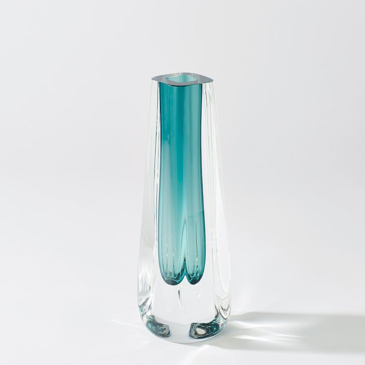 The appearance of Square Cut Glass Vase In Azure designed by Global Views in the modern / contemporary interior design. This azure piece of furniture  was selected by 1StopBedrooms from Square Collection to add a touch of cosiness and style into your home. Sku: 6.60492. Material: Glass. Product Type: Vase. Image1