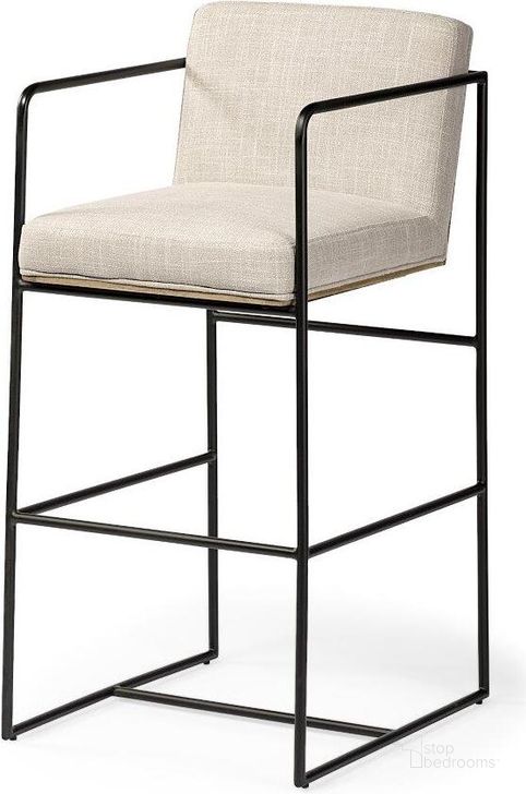 The appearance of Stamford 40 Inch Total Height Light Beige Upholstered Seat With Wood Back And Metal Frame Bar Stool designed by Mercana in the modern / contemporary interior design. This black and beige piece of furniture  was selected by 1StopBedrooms from Stamford Collection to add a touch of cosiness and style into your home. Sku: 68762. Material: Metal. Product Type: Barstool. Image1