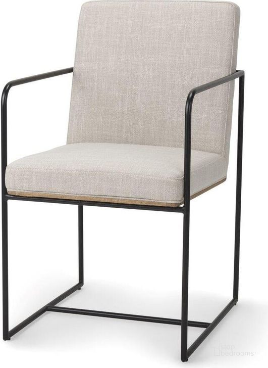 The appearance of Stamford Beige Upholstered Seat With Wood Back And Black Metal Frame Dining Chair Set of 2 With Arms designed by Mercana in the modern / contemporary interior design. This black and beige piece of furniture  was selected by 1StopBedrooms from Stamford Collection to add a touch of cosiness and style into your home. Sku: 69970. Material: Metal. Product Type: Dining Chair. Image1