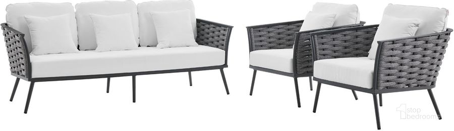 The appearance of Stance 3 Piece Outdoor Patio Aluminum Sectional Sofa Set In Grey EEI-3165-GRY-WHI-SET designed by Modway in the modern / contemporary interior design. This grey piece of furniture  was selected by 1StopBedrooms from Stance Collection to add a touch of cosiness and style into your home. Sku: EEI-3165-GRY-WHI-SET. Material: Aluminium. Product Type: Outdoor Sectional. Image1