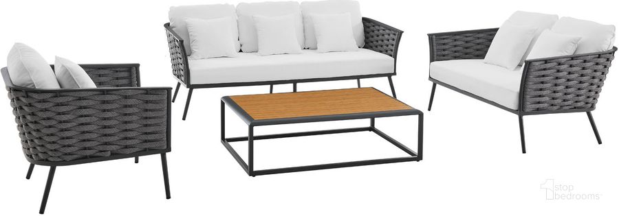 The appearance of Stance 4 Piece Outdoor Patio Aluminum Sectional Sofa Set In Grey EEI-3161-GRY-WHI-SET designed by Modway in the modern / contemporary interior design. This grey piece of furniture  was selected by 1StopBedrooms from Stance Collection to add a touch of cosiness and style into your home. Sku: EEI-3161-GRY-WHI-SET. Material: Aluminium. Product Type: Outdoor Sectional. Image1