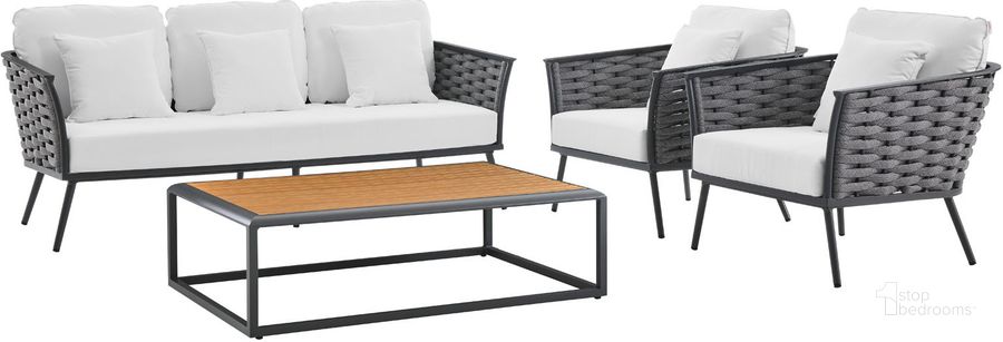 The appearance of Stance 4 Piece Outdoor Patio Aluminum Sectional Sofa Set In Grey EEI-3167-GRY-WHI-SET designed by Modway in the modern / contemporary interior design. This grey piece of furniture  was selected by 1StopBedrooms from Stance Collection to add a touch of cosiness and style into your home. Sku: EEI-3167-GRY-WHI-SET. Material: Aluminium. Product Type: Outdoor Sectional. Image1