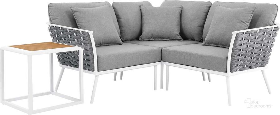 The appearance of Stance 4 Piece Outdoor Patio Aluminum Sectional Sofa Set In Grey EEI-5755-WHI-GRY designed by Modway in the modern / contemporary interior design. This gray piece of furniture  was selected by 1StopBedrooms from Stance Collection to add a touch of cosiness and style into your home. Sku: EEI-5755-WHI-GRY. Material: Aluminium. Product Type: Outdoor Sectional. Image1